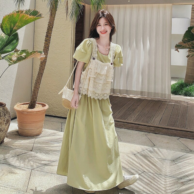法式复古泡泡袖连衣裙套装女夏新款温柔风甜美减龄蕾丝马甲两件套,女装连衣裙,浙宝099