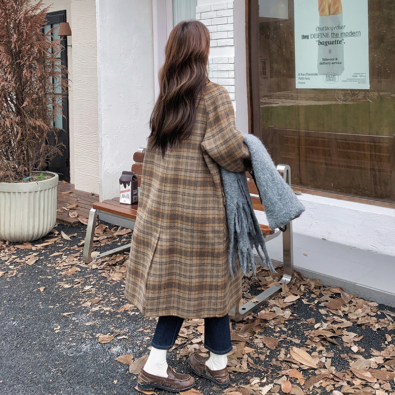 咖色格子双面羊绒大衣冬女2024新款小个子宽松加厚中长款毛呢外套,女装毛呢外套,浙宝099