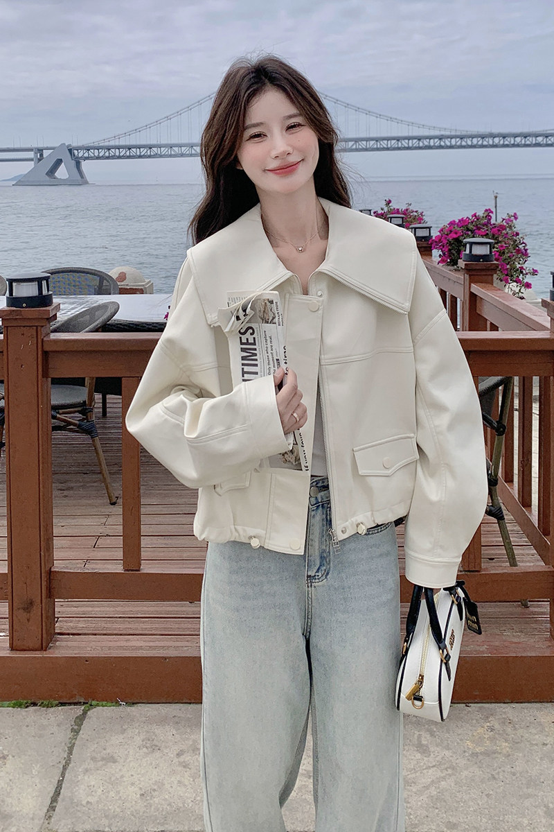 米白色海军领皮衣女春季2025新款小个子法式减龄PU皮短款夹克潮,女装短外套,浙宝099