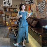 设计感时尚牛仔套装裙女2025夏季新款假两件收腰上衣半身裙两件套，女装套装/套裙，浙宝099