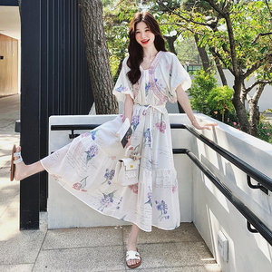 森系甜美温柔氛围感碎花桔梗茶歇长裙夏季新款泡泡袖显瘦连衣裙女图片