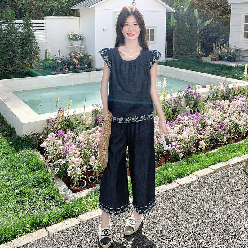 轻熟风韩系小飞袖牛仔套装女夏新款轻薄显瘦小个子阔腿裤两件套,女装套装/套裙,浙宝099