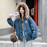 新款现货真毛领水洗牛仔羽绒服099-10385-p335-k508，女装羽绒服，浙宝099