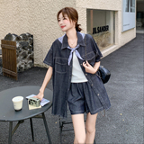 盐甜系穿搭薄款牛仔衬衫套装女夏季新款复古减龄小个子短裤两件套，女装套装/套裙，浙宝099