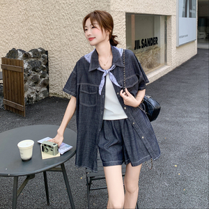 盐甜系穿搭薄款牛仔衬衫套装女夏季新款复古减龄小个子短裤两件套图片
