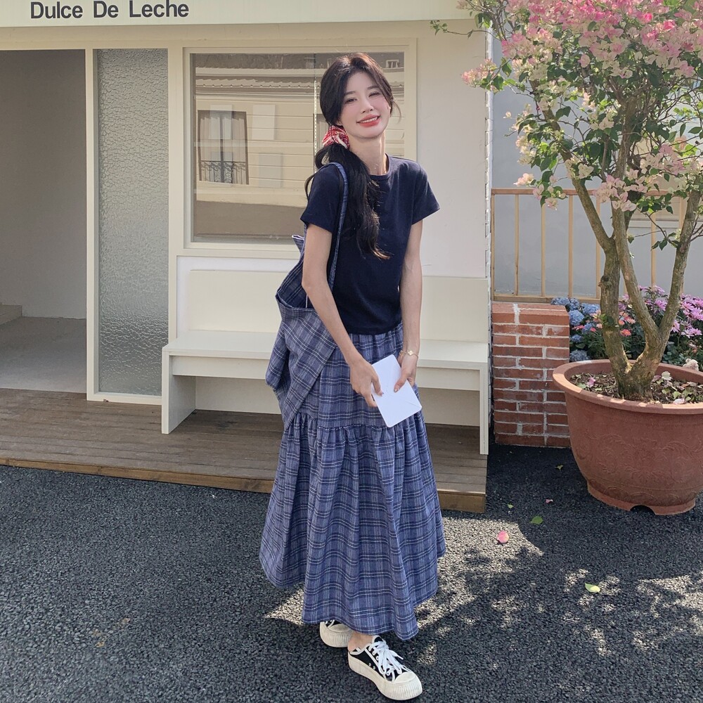 休闲松弛感一整套穿搭女2025夏季新款黑色显瘦短袖格纹半身裙套装,女装套装/套裙,浙宝099