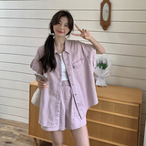 粉色高级感牛仔套装女夏季2024新款小个子短袖衬衫短裤减龄两件套，女装套装/套裙，浙宝099
