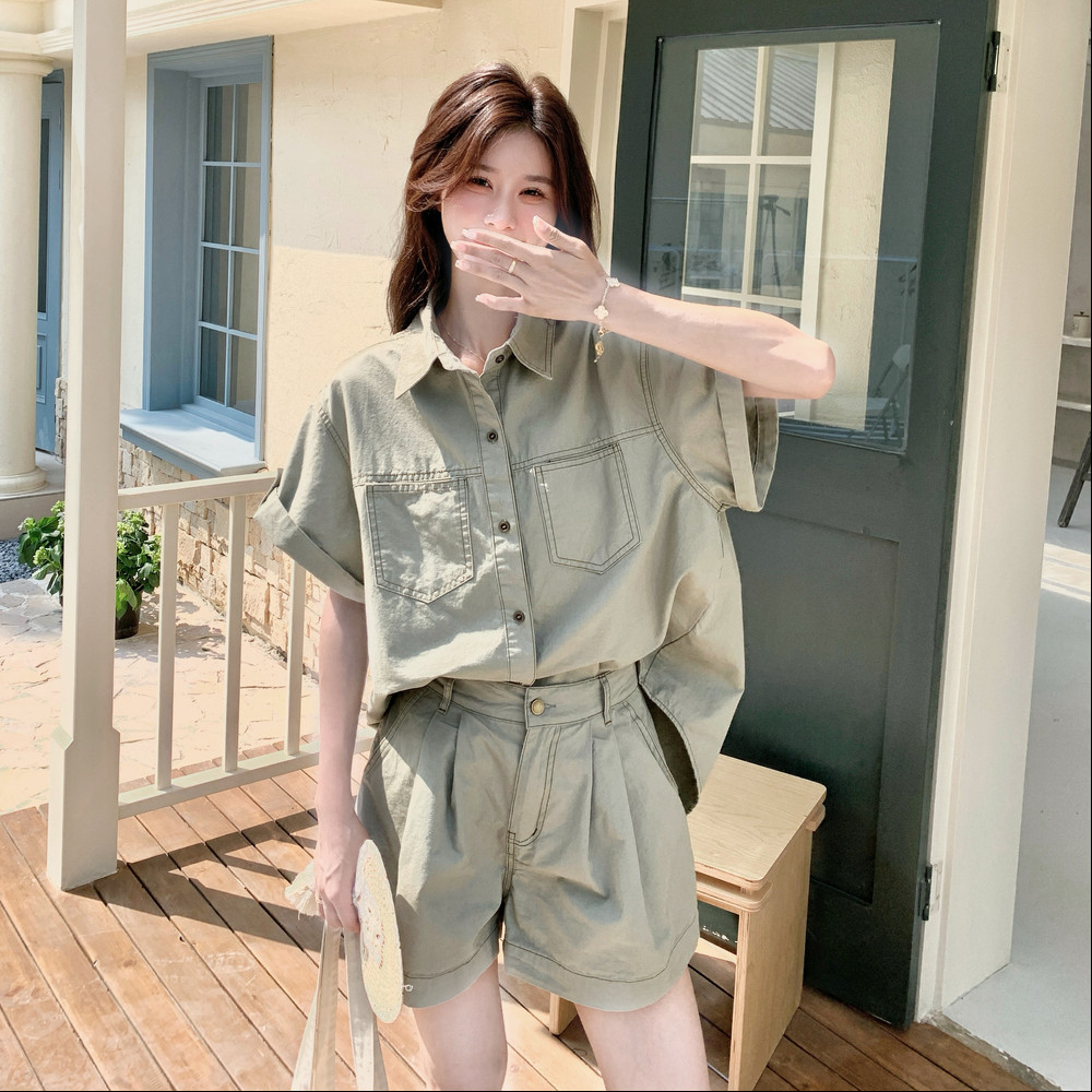 绿色小个子穿搭休闲薄款牛仔衬衫套装女夏新款炸街显瘦短裤两件套,女装套装/套裙,浙宝099