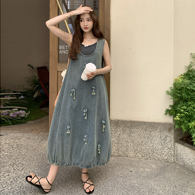 牛仔小清新学院风花苞蓬蓬裙新款甜美减龄超好看无袖连衣裙夏女裙图片