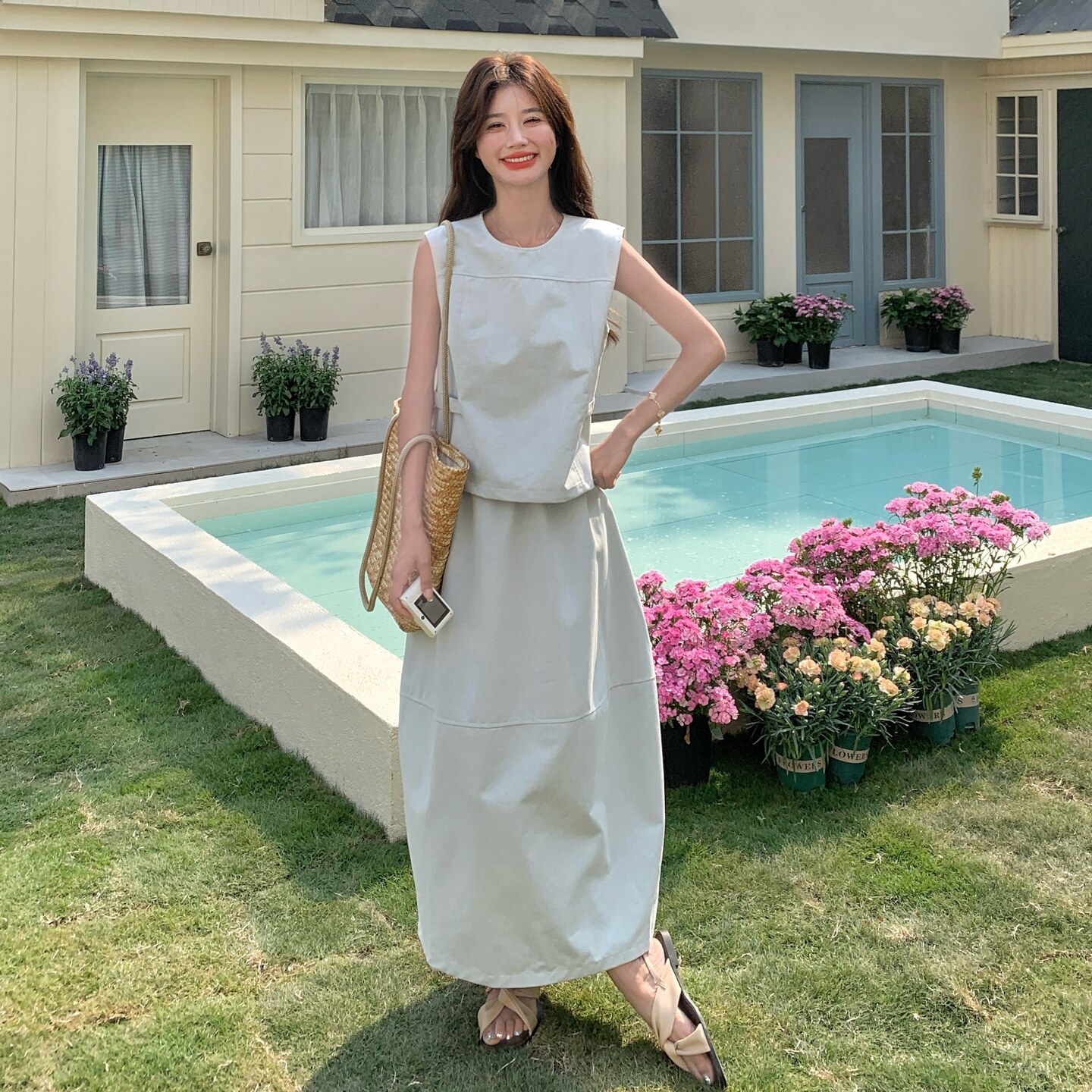 减龄浅蓝色无袖背心半身裙套装女夏新款独特漂亮显瘦小个子两件套,女装套装/套裙,浙宝099