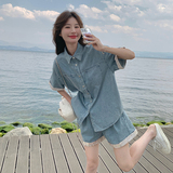 网红爆款小个子牛仔时尚套装女夏2025新款短袖衬衫阔腿短裤两件套，女装套装/套裙，浙宝099