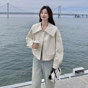 米白色海军领皮衣女春季2025新款小个子法式减龄PU皮短款夹克潮图片