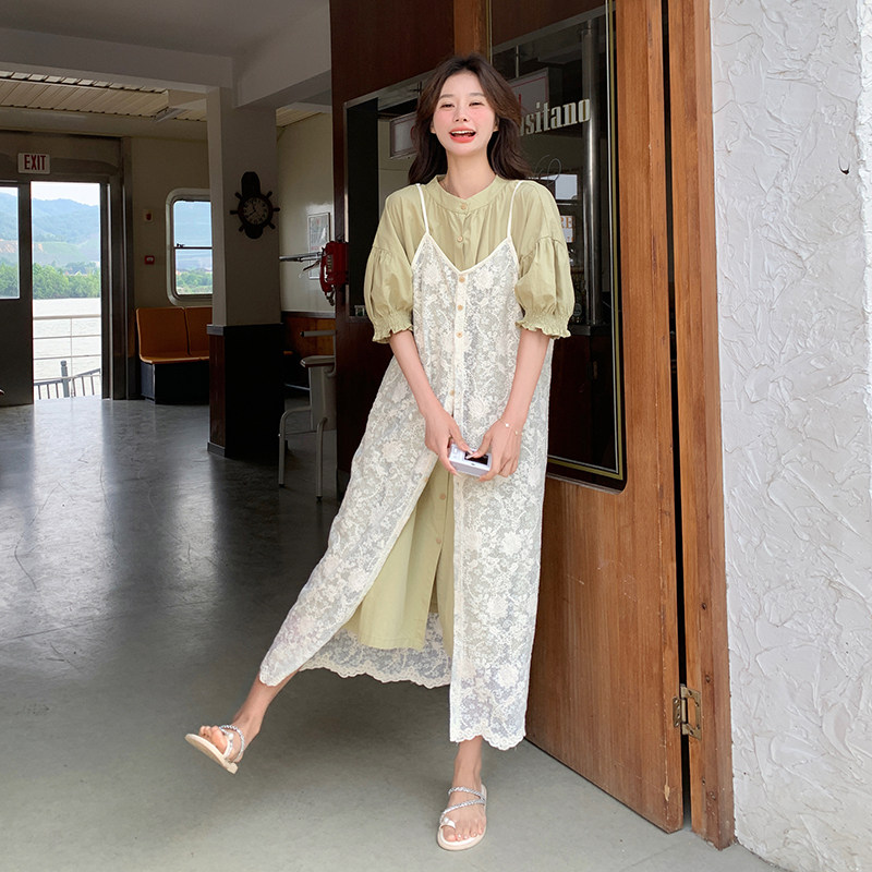 夏季连衣裙女2025新款森系泡泡袖休闲温柔风叠穿蕾丝吊带裙,女装连衣裙,浙宝099