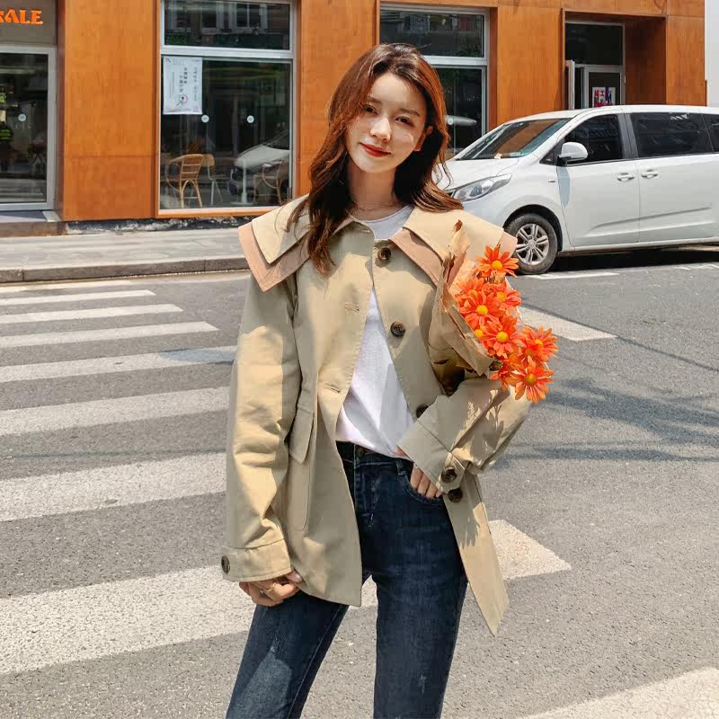 现货2021新款甜美撞色大领子拼接BO66A-6801-P105-K168，女装风衣，浙宝099