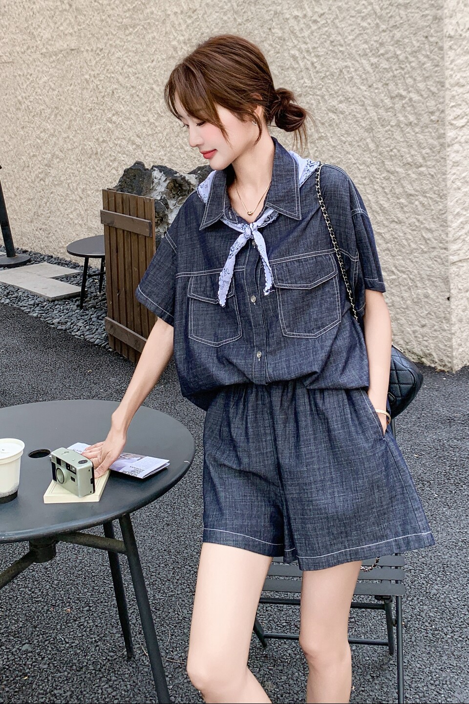 盐甜系穿搭薄款牛仔衬衫套装女夏季新款复古减龄小个子短裤两件套,女装套装/套裙,浙宝099