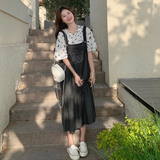 减龄学院风黑色背带裙套装女夏季2025新款慵懒休闲波点小衫两件套，女装套装/套裙，浙宝099