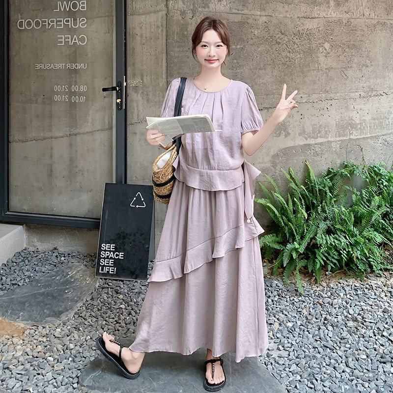 紫色温柔风气质两件套女2025夏季新款韩系设计感荷叶边上衣半身裙,女装套装/套裙,浙宝099