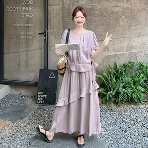 紫色温柔风气质两件套女2025夏季新款韩系设计感荷叶边上衣半身裙图片