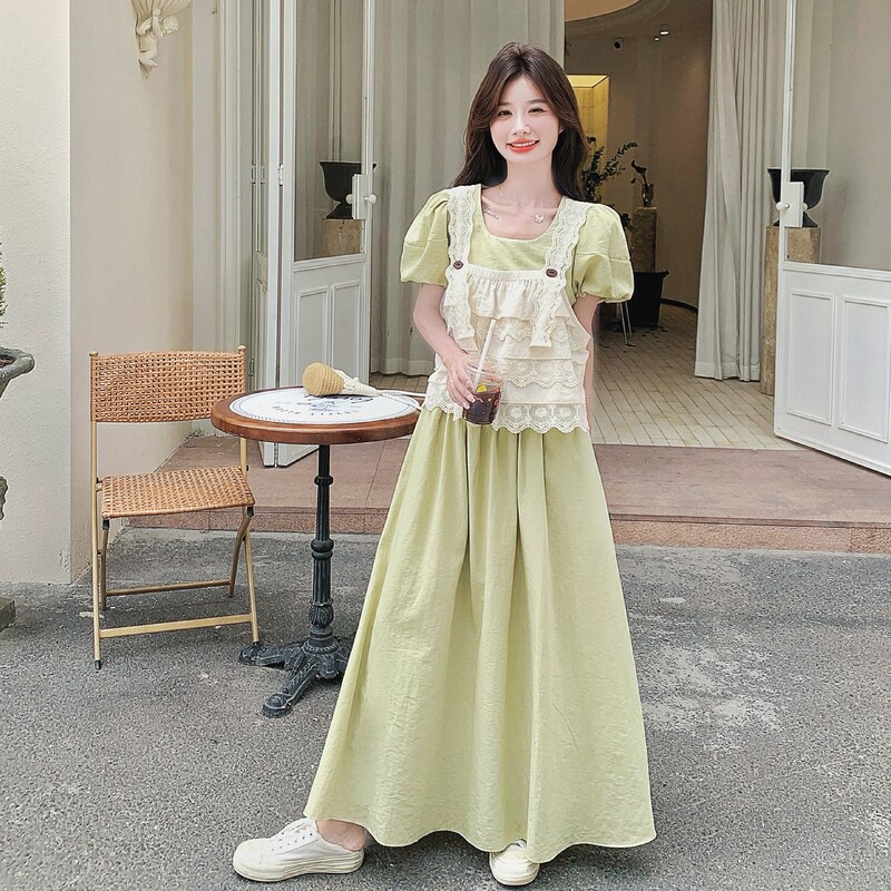 法式复古泡泡袖连衣裙套装女夏新款温柔风甜美减龄蕾丝马甲两件套,女装连衣裙,浙宝099