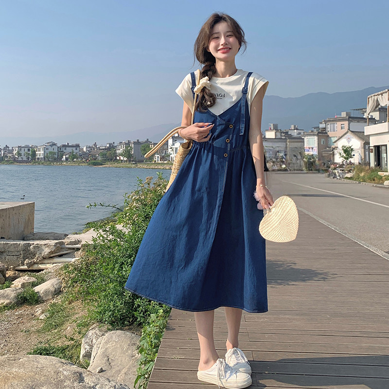小个子蓝色牛仔背带裙女2025夏季新款日系减龄收腰显瘦吊带连衣裙,女装连衣裙,浙宝099