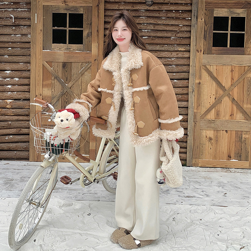 设计感皮毛一体羊羔毛外套女冬季2024新款韩系麂皮绒加绒加厚棉衣，女装皮草，浙宝099