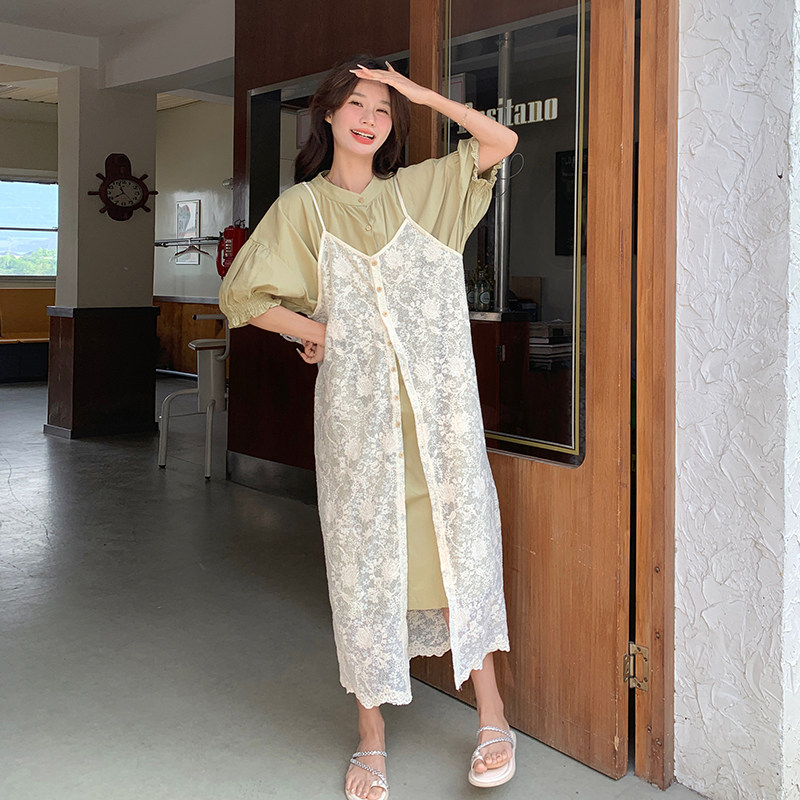夏季连衣裙女2025新款森系泡泡袖休闲温柔风叠穿蕾丝吊带裙,女装连衣裙,浙宝099