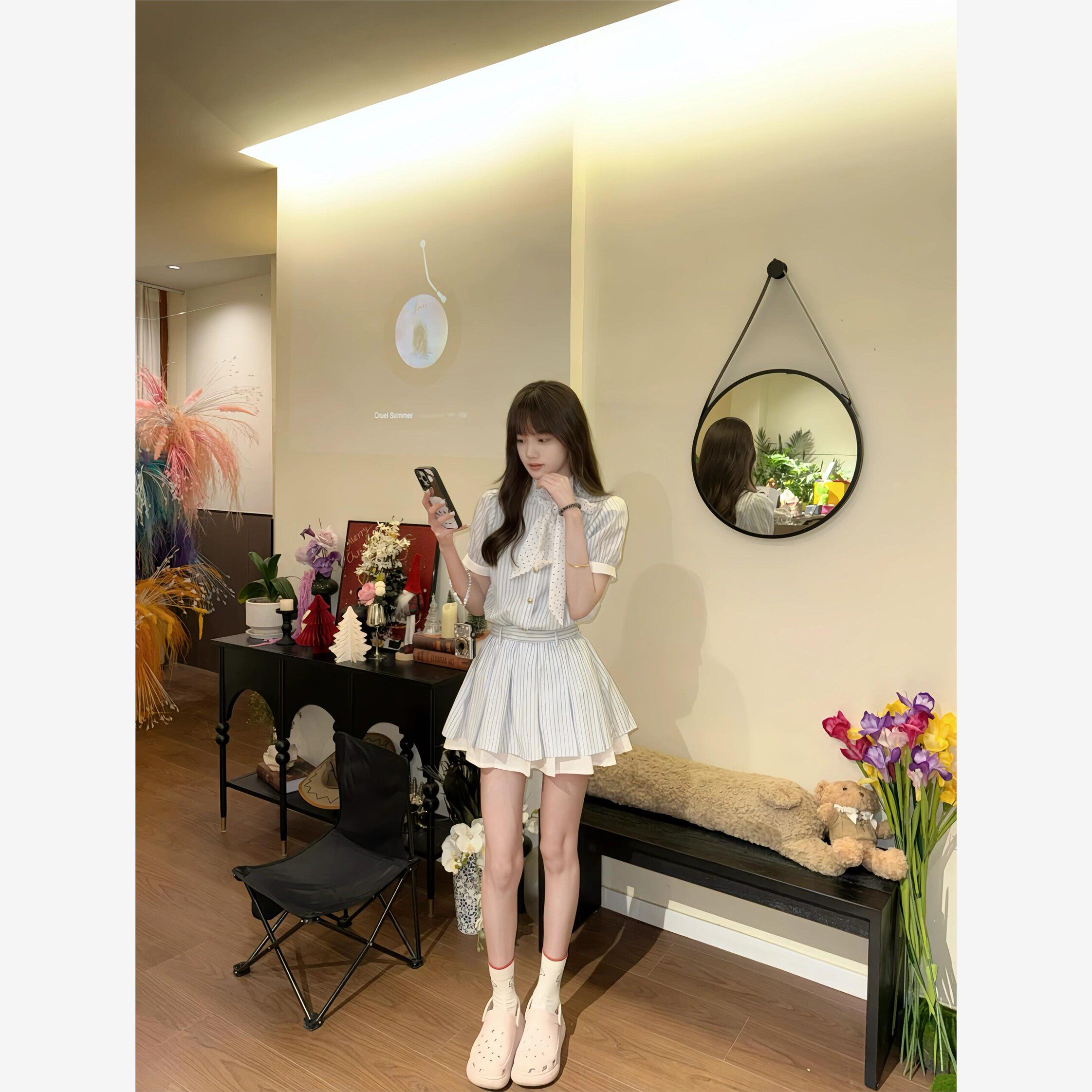 2025年夏季法式条纹女装新款娇小好看，腰围显瘦的a字衬衫裙