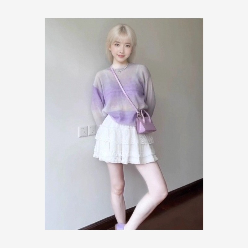 渐变紫色连衣裙女2025秋季针织衫上衣蛋糕短裙蕾丝半身裙两件套装