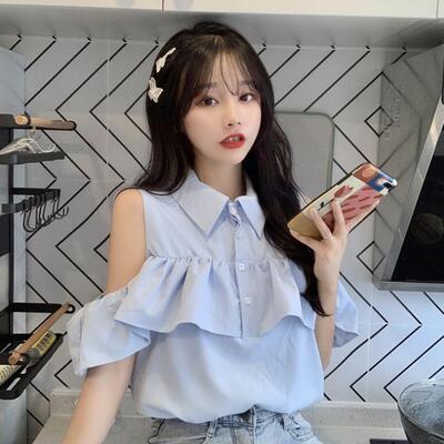 法式衬衫女短袖露肩韩版