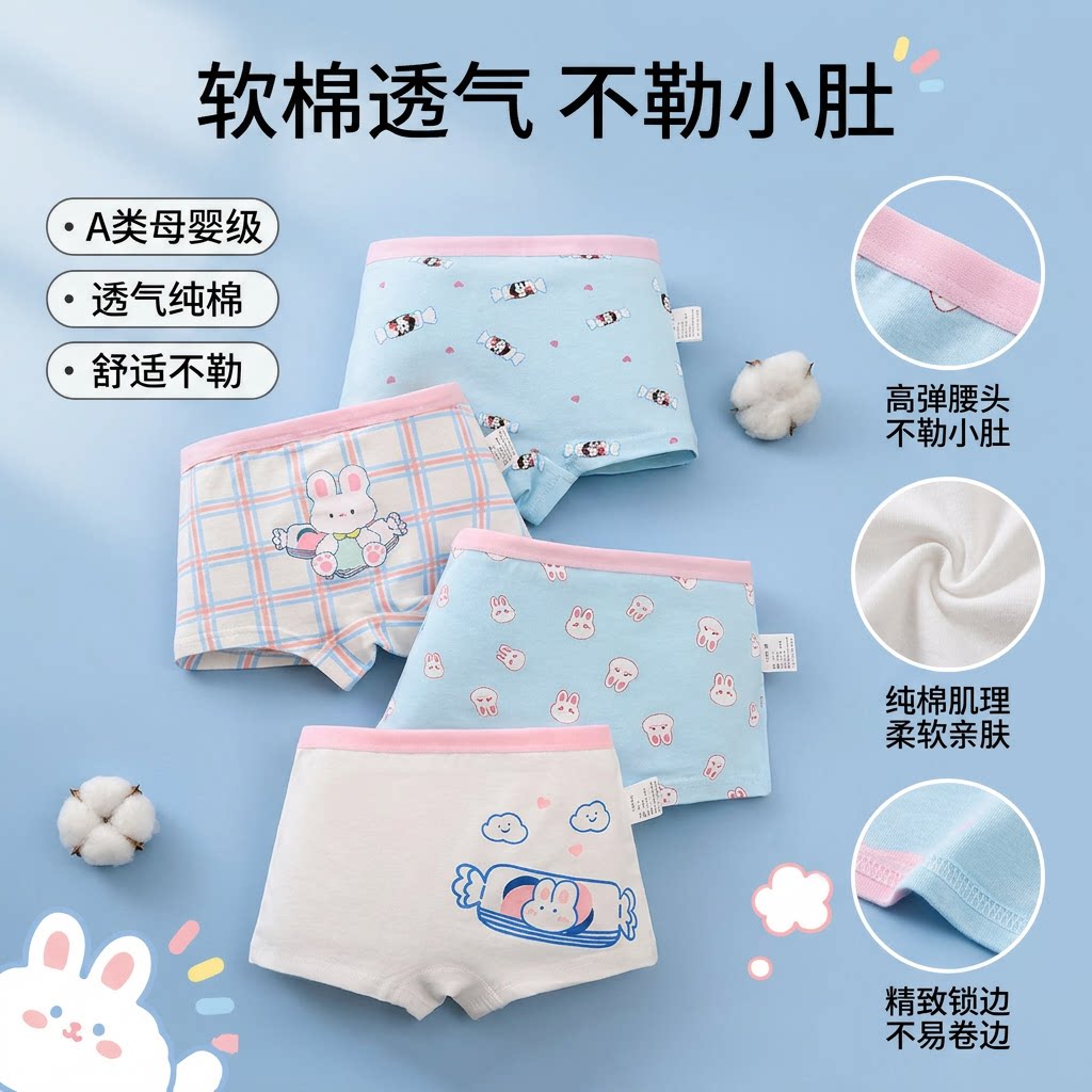 纯棉女童内裤小中大童卡通透气抑菌平角四角女孩儿童内裤