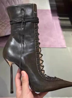 2024秋冬款做旧系带镂空交叉系带细跟短筒靴高跟鞋欧美风复古凉靴