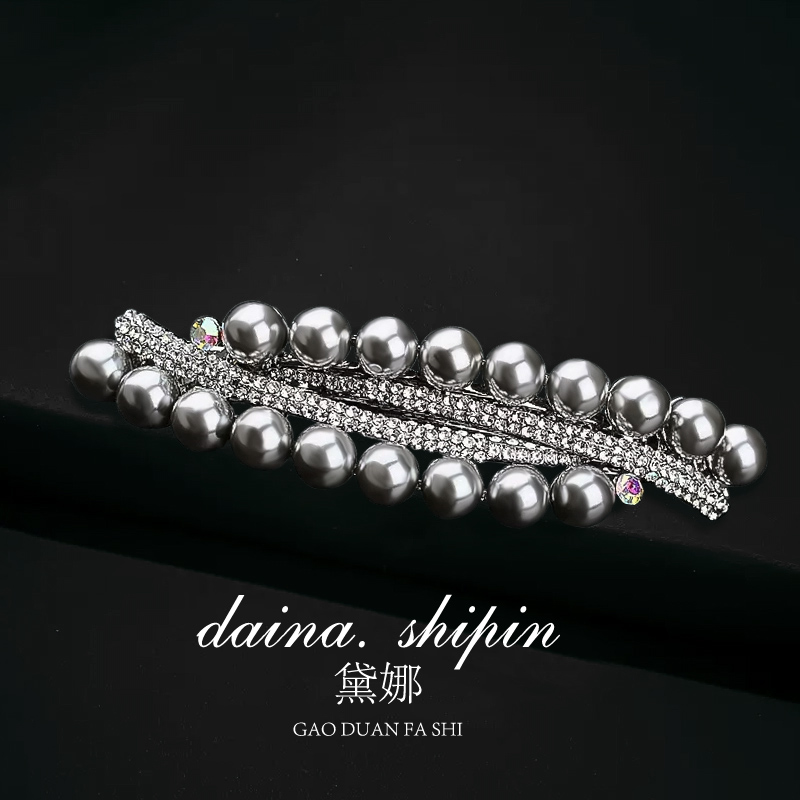 珍珠弹簧夹合金水钻发卡复古