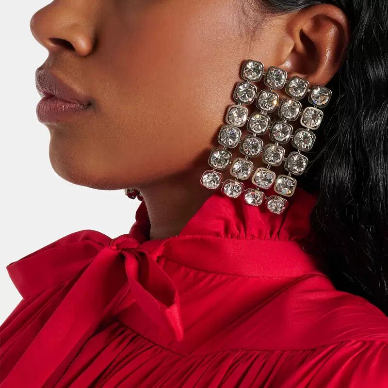 多排方形水钻瀑布耳坠简约气质款大气耳钉一对