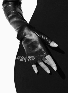 黑色半截露指PU手套40cm复古赫本风晚礼服新娘婚纱拍照配饰网红