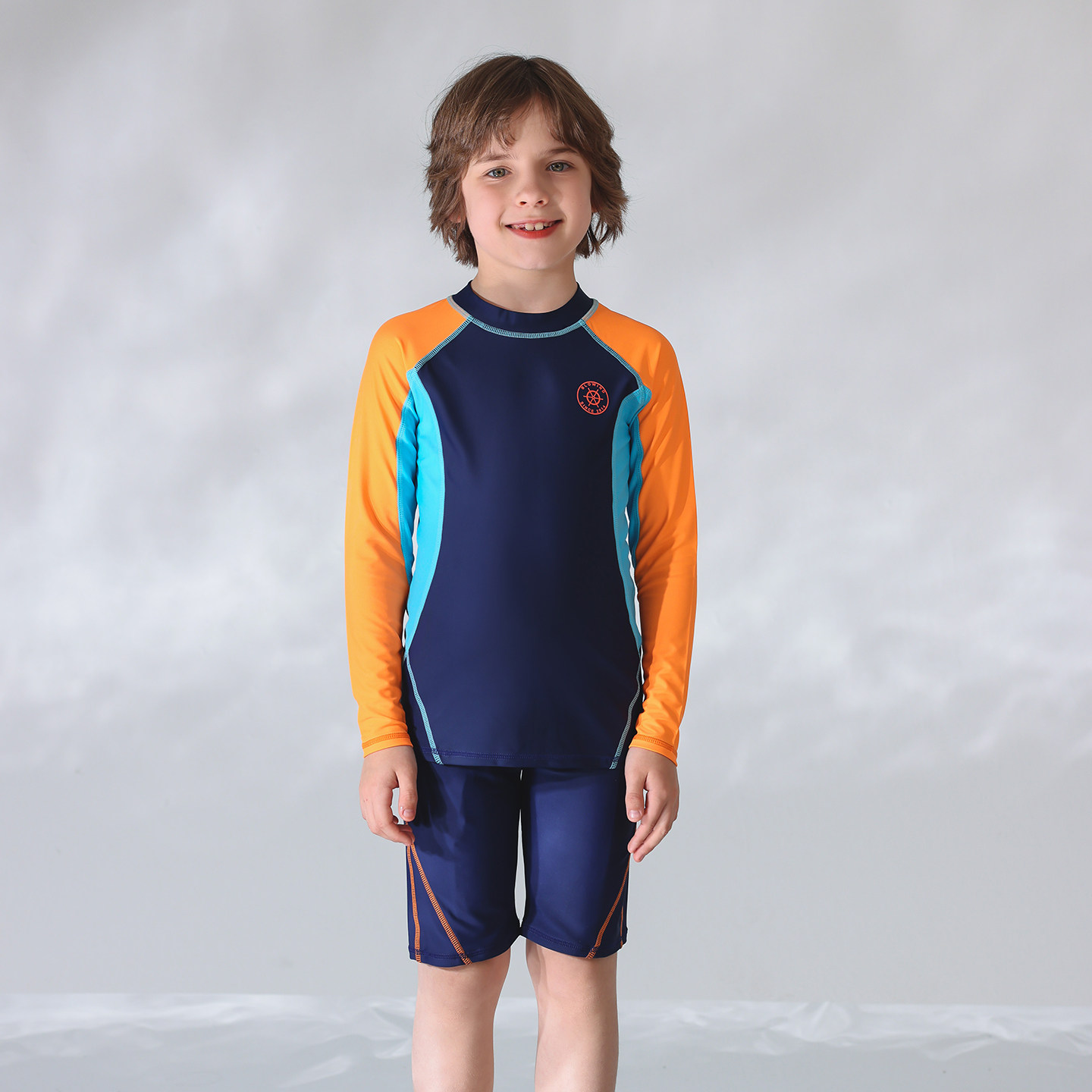 出口欧美单男中大童防晒防辐射长袖剑鱼杂小鱼短裤休闲分体游泳衣