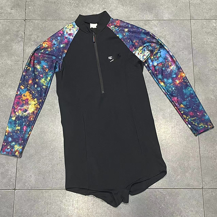 出口欧美女中大童长袖防晒前拉链简约袖子星空拼块平角连体游泳衣