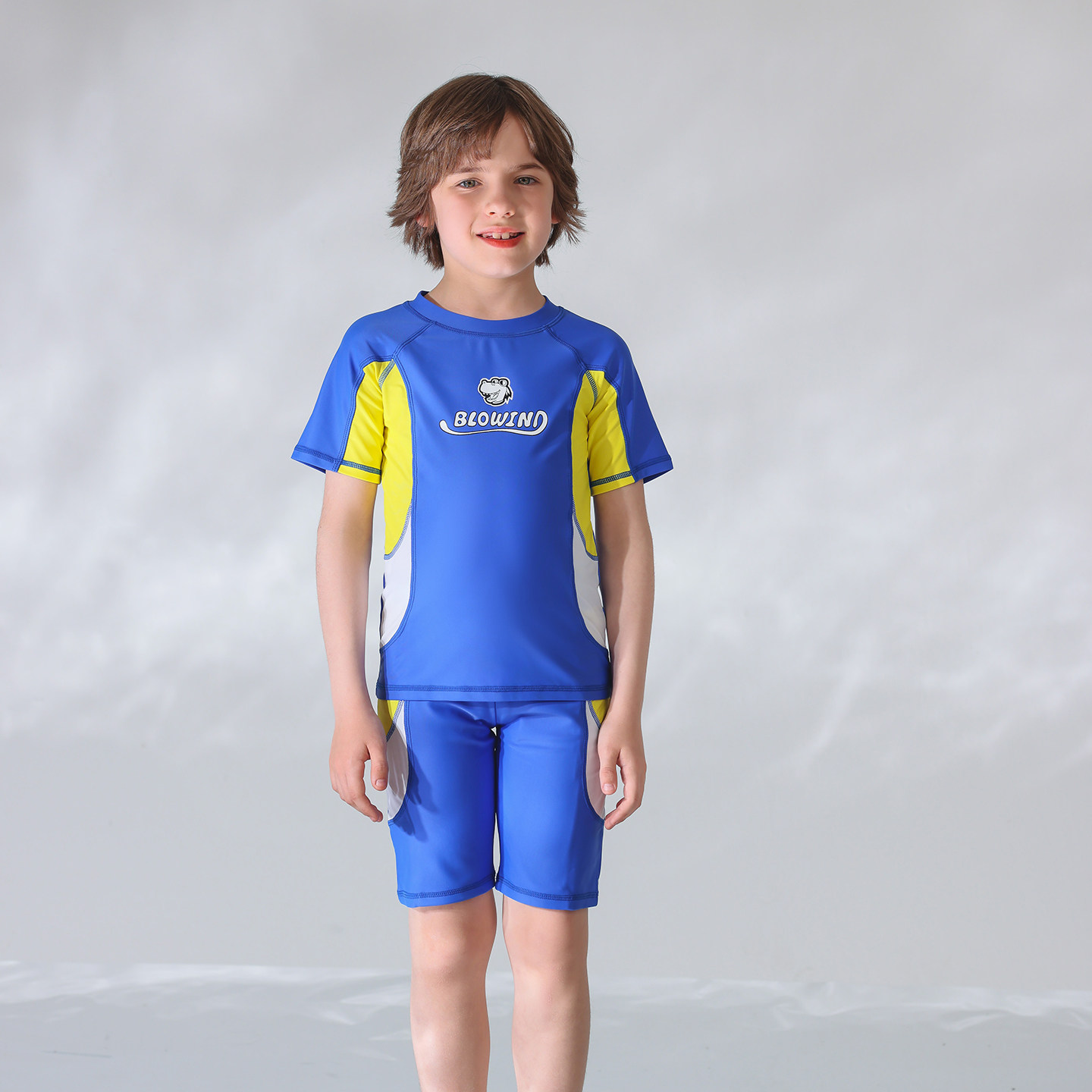 出口欧美单男中大童防晒防辐射短袖蓝色拼黄白短裤休闲分体游泳衣