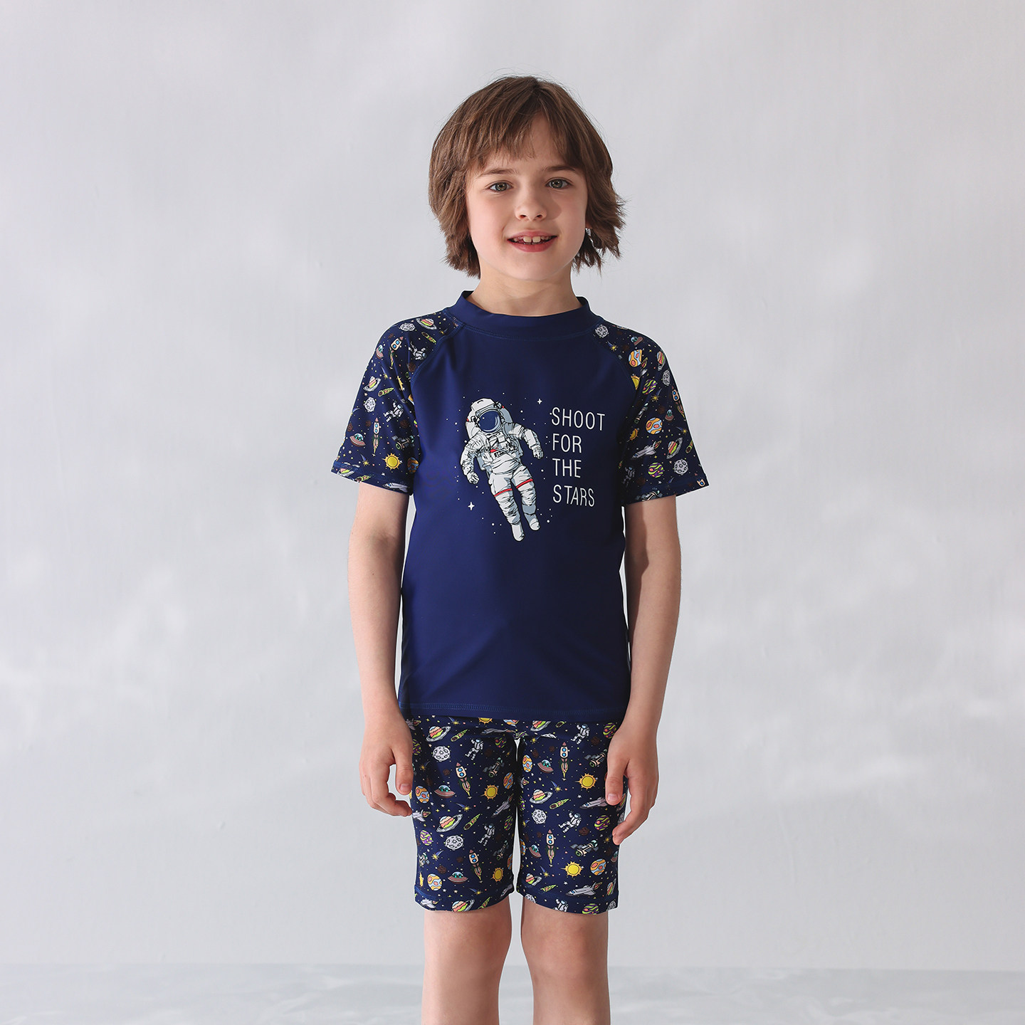 出口欧美单男中大童防晒防辐射短袖太空宇航员短裤休闲分体游泳衣