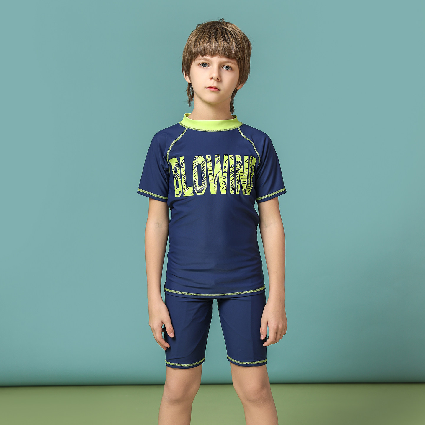 出口欧美单男中大童防晒防辐射短藏青前大字母短裤休闲分体游泳衣