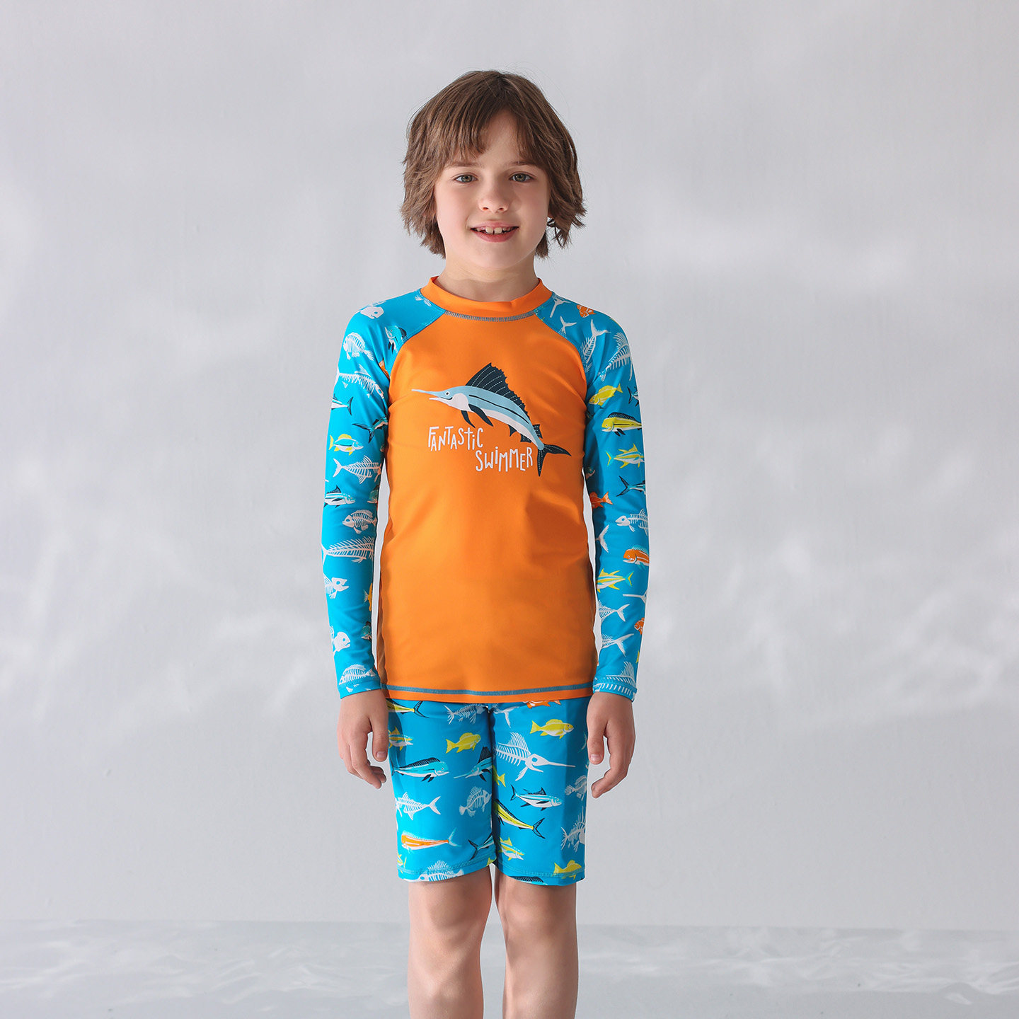 出口欧美单男中大童防晒防辐射长袖剑鱼杂小鱼短裤休闲分体游泳衣