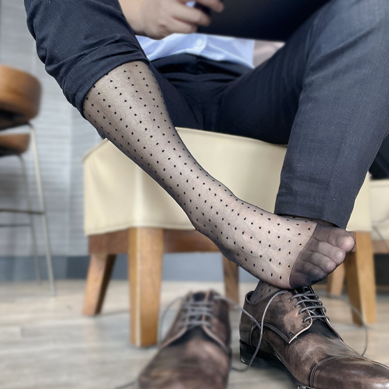 高筒锦纶圆点性格超薄男士丝袜