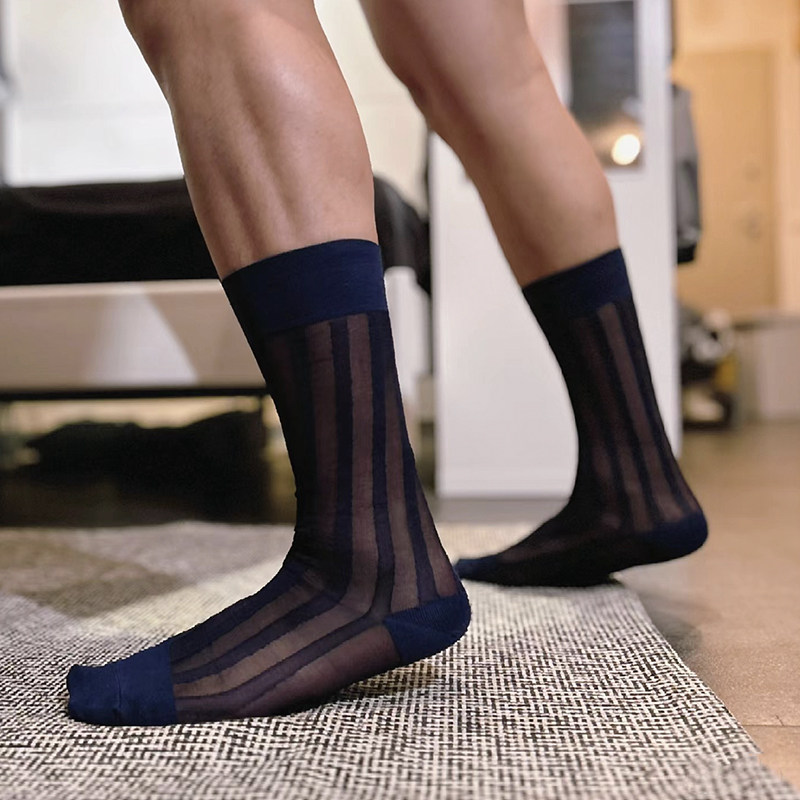 凹凸先生男士丝袜中筒条纹商务男袜简约黑色藏青色抗菌蓝男袜吸汗
