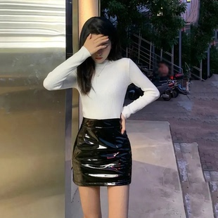 夏季学院风两件套女白色毛衣黑色高腰皮裙显瘦甜酷风套装