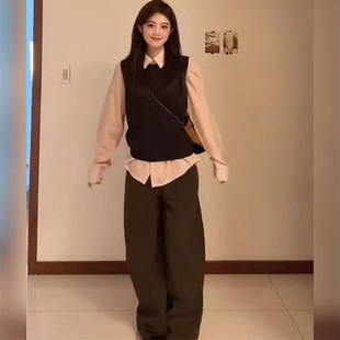 学院风套装长袖polo领粉色衬衫女秋冬叠穿黑色针织马甲背心两件套