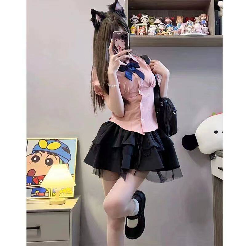 小个子套装学院风短裙半身裙夏季裙子日系JK制服短款衬衫女两件套