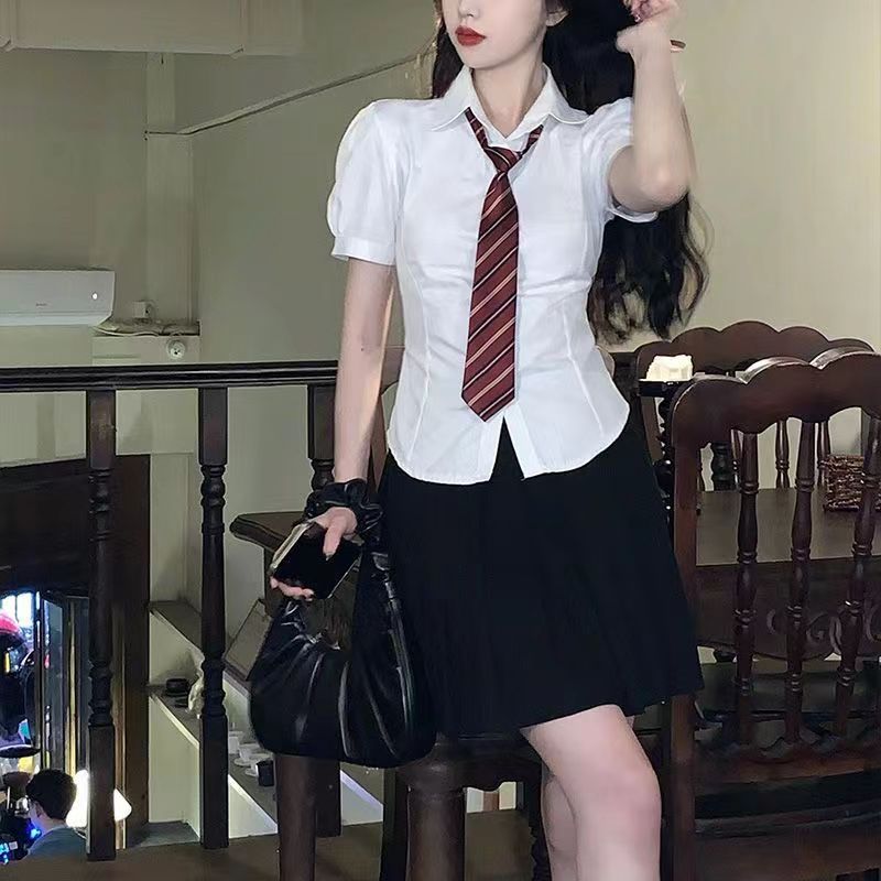 jk制服衬衫上衣女短袖原创夏季学院风收腰泡泡袖白色衬衣辣妹套装