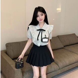 2026夏季甜美荷叶边条纹衬衫女短袖宽松娃娃衫上衣百褶裙套装学生