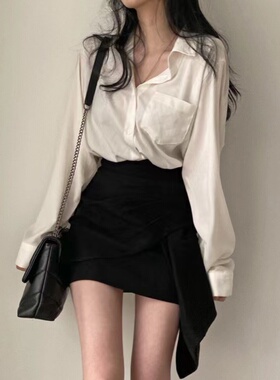 复古港味白色衬衫女新款2025年春秋长袖上衣设计感百搭衬衣外套潮