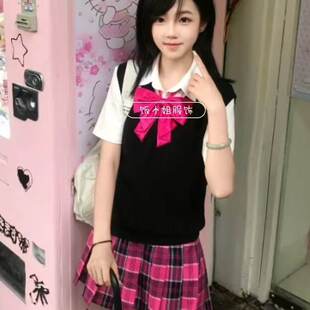 原创jk制服夏季学院风甜妹黑色针织马甲粉色衬衫叠穿小玫格裙套装
