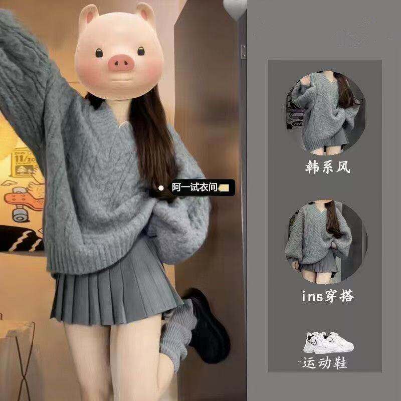 韩系学院风灰色v领麻花毛衣ins时尚宽松慵懒百搭针织衫百褶裙套装